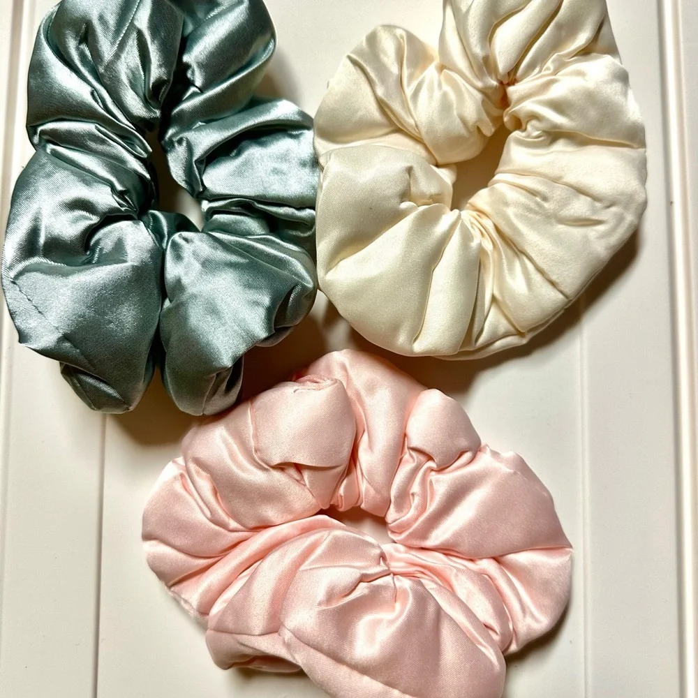 Luxurious Satin Hair Scrunchie Trio - Ivory, Blush, and Sage